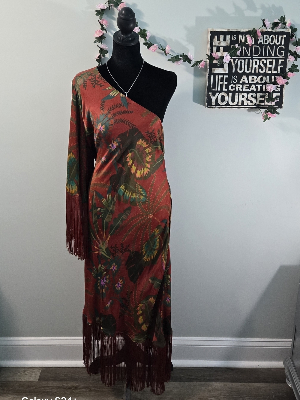 FARM Rio for Anthropologie Tropical One-Shoulder Fringe Midi Dress - Large